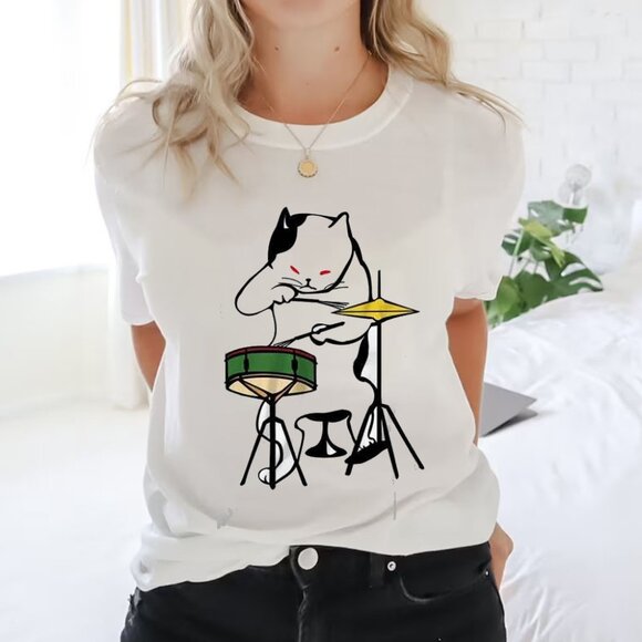 Tops - Cat Playing Drums Kitten Music Master T Shirt Top Design Unisexe